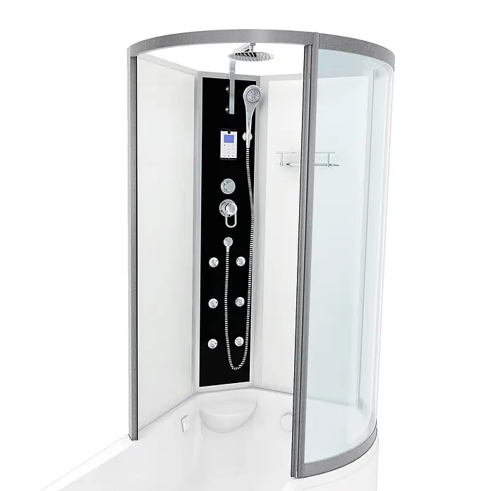 AcquaVapore Komplettdusche Fertigdusche K50-L01-EC - 170 x 98 x 225 cm, Weiß - Moderne Eckduschkabine mit weißer Basis, schwarzem Bedienfeld, Regen- und Handbrause, Glastüren und grauen Rahmen.