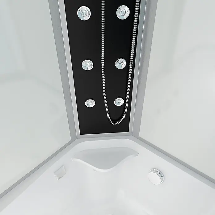 AcquaVapore Komplettdusche Fertigdusche K50-L01-EC - 170 x 98 x 225 cm, Weiß - Moderner Duschkabinen-Innenraum mit schwarzer Platte, Chromdüsen, Handbrause und weißem integriertem Sitz.