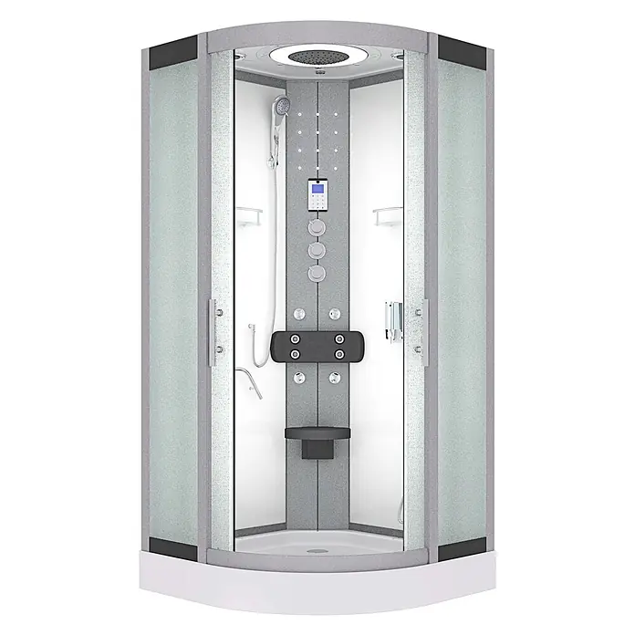 AcquaVapore Komplettdusche Fertigdusche D58-20M1 - Weiß - Moderne Eckduschkabine mit mattiertem Glas, grauem Multi-Jet-Panel, Regendusche, Handbrause, Digitalsteuerung und integriertem Sitz.