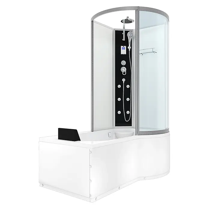 AcquaVapore Komplettdusche Fertigdusche K50-L01-EC - 170 x 98 x 225 cm, Weiß - Weiße modulare Dusch-Badewannen-Kombination mit klarer Glasabtrennung, schwarzem Duschpaneel und integrierten Düsen.