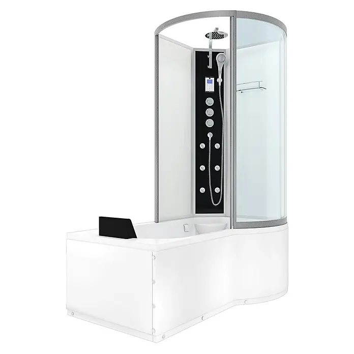 AcquaVapore Komplettdusche Fertigdusche K50-L03-EC - Weiß - Moderne weiße Duschkabine mit Badewanne, schwarzem Bedienfeld, Regendusche, Handbrause und Massagedüsen.