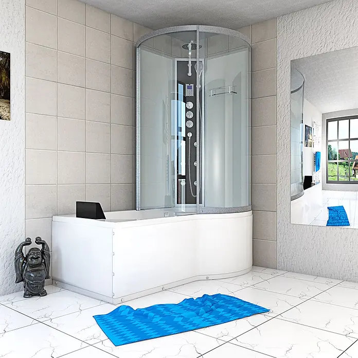 AcquaVapore Komplettdusche Fertigdusche K50-L03-EC - Weiß - Weiße Badewanne mit Duschkabine, klaren Glaspaneelen und modernem Steuerungssystem.