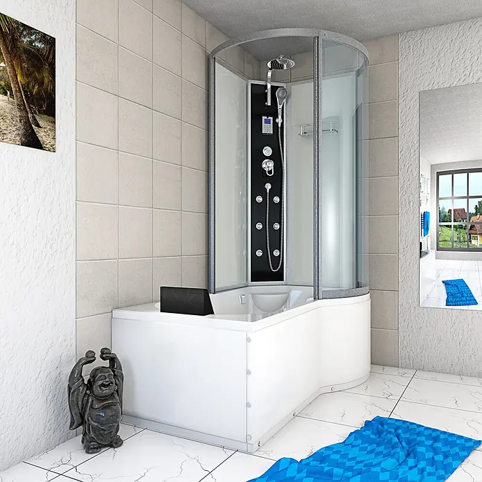AcquaVapore Komplettdusche Fertigdusche K50-L01-EC - 170 x 98 x 225 cm, Weiß - Weiße Eckduschkabine mit integrierter Wanne, schwarzem Duschpaneel und Chromarmaturen in einem modernen Bad.