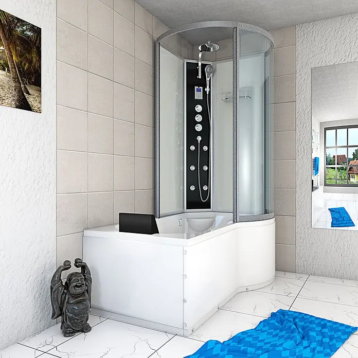 AcquaVapore Komplettdusche Fertigdusche K50-L03-EC - Weiß - Weiße Eckduschkabine mit integrierter Badewanne und schwarzem Massageduschpaneel.