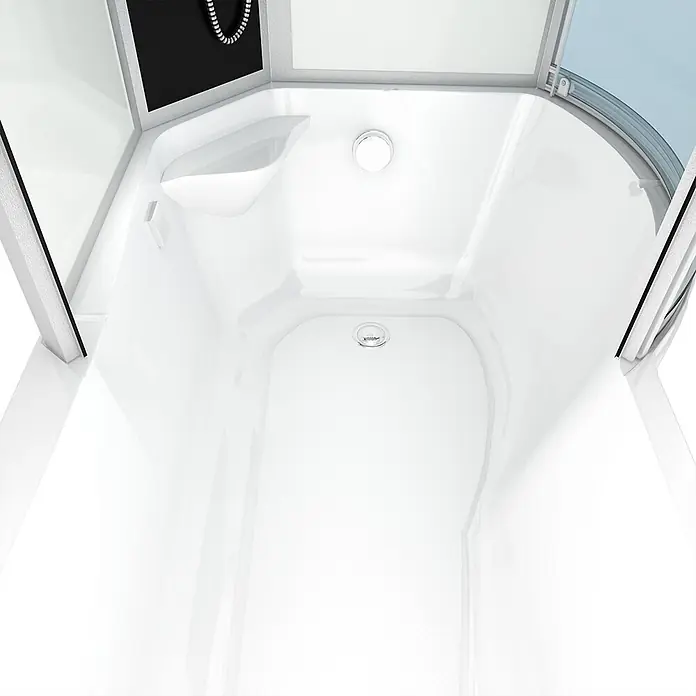 AcquaVapore Komplettdusche Fertigdusche K50-L00 - Weiß - Weißer Duschkabinen-Innenraum mit strukturierter Anti-Rutsch-Duschwanne, integrierter Ablage und zentralem Ablauf.