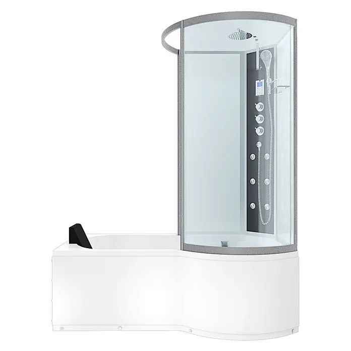 AcquaVapore Komplettdusche Fertigdusche K50-L03-EC - Weiß - Weiß-graue Dusch-Badewannen-Kombination mit Glasduschkabine, Körperdüsen, Regendusche und schwarzer Kopfstütze.