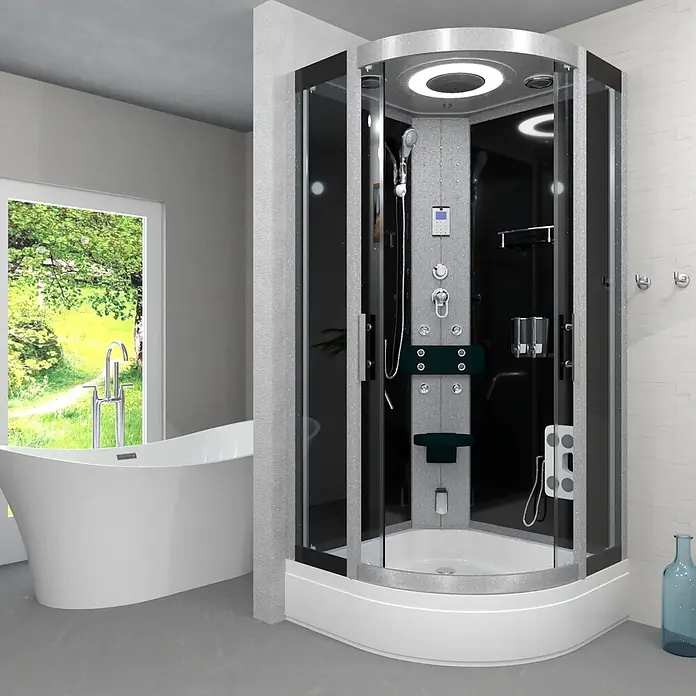AcquaVapore Komplettdusche Dampfdusche D58-53T2-EC - Schwarz - Moderne Duschkabine mit schwarzen Paneelen und silbernem Rahmen, neben einer weißen Badewanne in einem hellen Badezimmer.