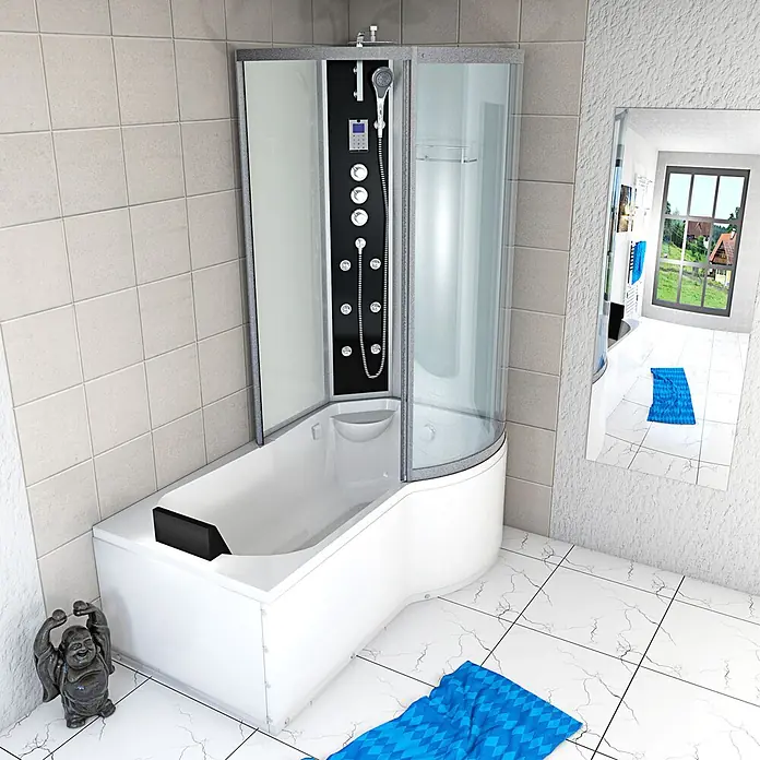 AcquaVapore Komplettdusche Fertigdusche K50-L03-EC - Weiß - Moderne weiße Badewanne mit integrierter Duschkabine, schwarzem Bedienfeld, Handbrause und Massagedüsen, in einem gefliesten Badezimmer.