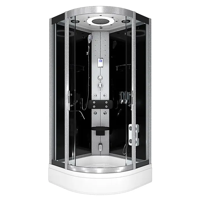 AcquaVapore Komplettdusche Dampfdusche D58-53T2-EC - Schwarz - Moderne Eckduschkabine mit schwarzen Platten, gesprenkeltem grauem Rahmen, weißer Basis und verschiedenen Duschfunktionen.