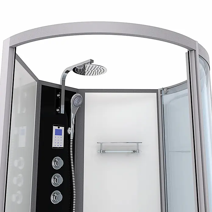 AcquaVapore Komplettdusche Fertigdusche K50-L03-EC - Weiß - Moderne Duschkabine mit grauem Rahmen, schwarzem Bedienfeld, Regendusche, Handbrause und Handtuchhalter.