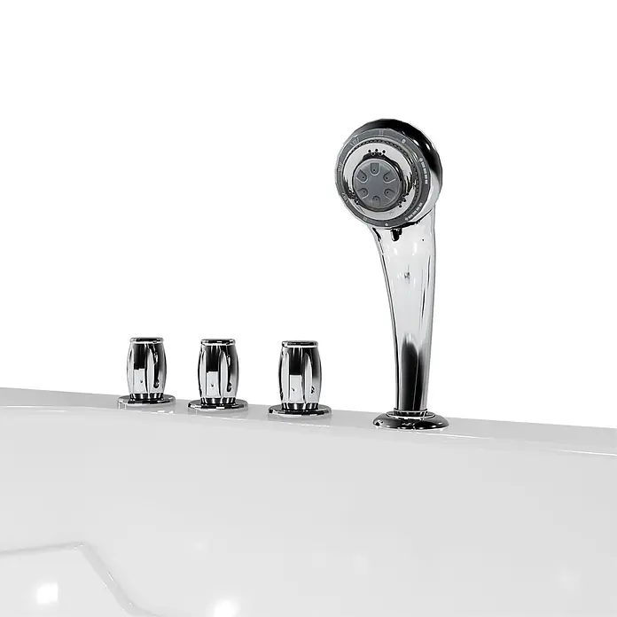 AcquaVapore Komplettdusche Fertigdusche S17D-TH-L - 150 x 75 x 210 cm, Weiß - Chrom-Handbrause mit Multifunktionskopf und drei Bedienknöpfen auf weißem Badewannenrand.