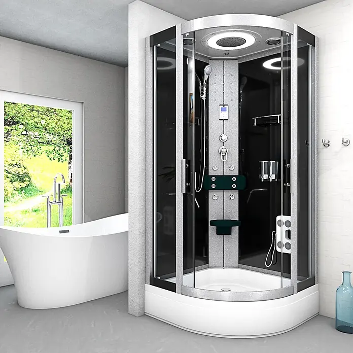 AcquaVapore Komplettdusche Fertigdusche D58-63T0 - Schwarz - Eckduschkabine mit schwarzen Glaspaneelen, silbergrauem Rahmen und weißem Sockel in einem modernen Badezimmer.