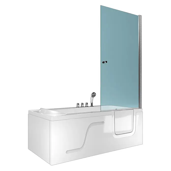 AcquaVapore Komplettdusche Fertigdusche S17D-TH-L - 150 x 75 x 210 cm, Weiß - Weiße barrierefreie Badewanne mit integrierter blauer Glasduschwand und Chromarmaturen.