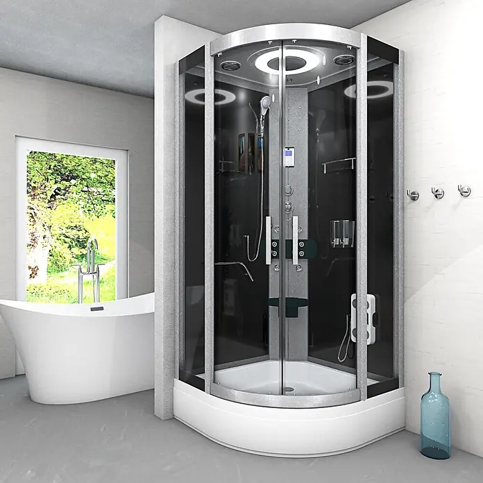 AcquaVapore Komplettdusche Fertigdusche D58-63T0 - Schwarz - Moderne Eckduschkabine mit dunklen Glaspaneelen, silbergrauem Rahmen und weißer Basis.