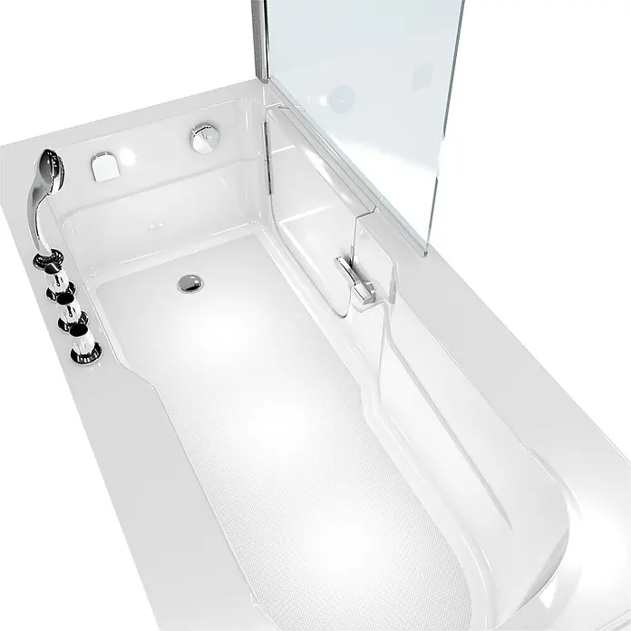 AcquaVapore Komplettdusche Fertigdusche S17D-TH-L - 150 x 75 x 210 cm, Weiß - Weiße barrierefreie Badewanne mit integrierter Duschbrause, Bedienelementen und Glas-Duschwand, mit rutschfestem Boden.