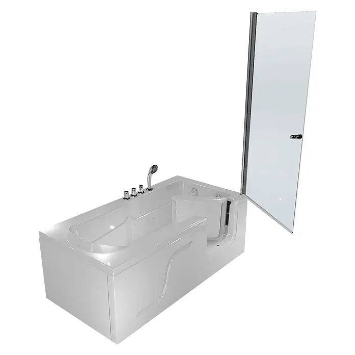 AcquaVapore Komplettdusche Fertigdusche S17D-TH-L - 150 x 75 x 210 cm, Weiß - Weiße begehbare Badewanne mit integriertem Sitz, Handbrause, Armaturen und offener Glasduschwand.