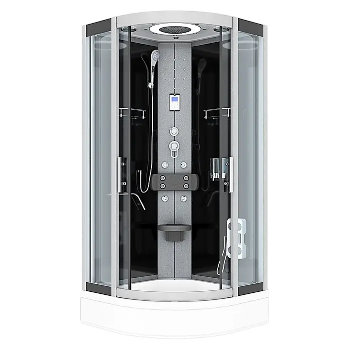AcquaVapore Komplettdusche Fertigdusche D58-63T0 - Schwarz - Moderne Eckduschkabine mit grauen Paneelen, schwarzen Glastüren, Chromarmaturen, weißer Basis, Kopfbrause, Handbrause und Massagedüsen.