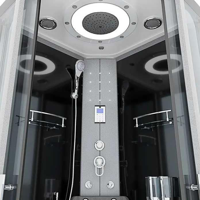 AcquaVapore Komplettdusche Fertigdusche D58-63T0 - Schwarz - Moderne Duschkabine mit grauem Bedienfeld, Digitalanzeige, Chromarmaturen, Regendusche und Handbrause. Schwarzer Innenraum mit Glaswänden.