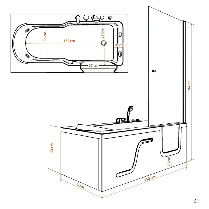 AcquaVapore Komplettdusche Fertigdusche S17D-TH-L - 150 x 75 x 210 cm, Weiß - Weiße begehbare Badewanne mit Duschabtrennung, Maße 150x75x54 cm (Gesamthöhe 194 cm).