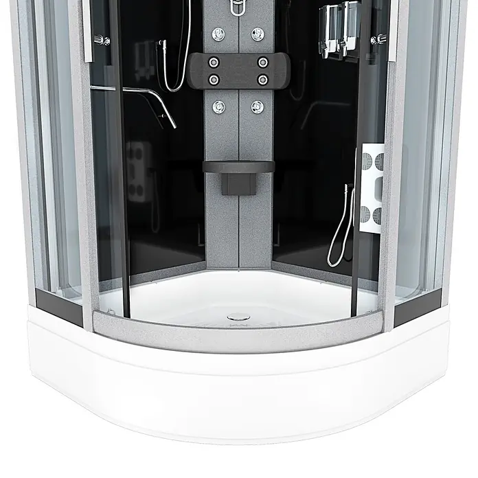 AcquaVapore Komplettdusche Fertigdusche D58-63T0 - Schwarz - Moderne Eckduschkabine mit weißer Wanne, schwarzen Rückwänden, strukturiertem grauem Hydromassage-Panel und klaren Glastüren.