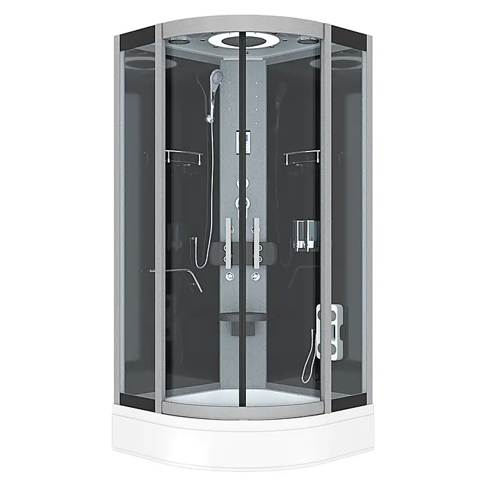 AcquaVapore Komplettdusche Fertigdusche D58-63T0 - Schwarz - Moderne Duschkabine aus grauem und dunklem Glas mit weißem Sockel, Chromarmaturen und mehreren Sprühfunktionen.