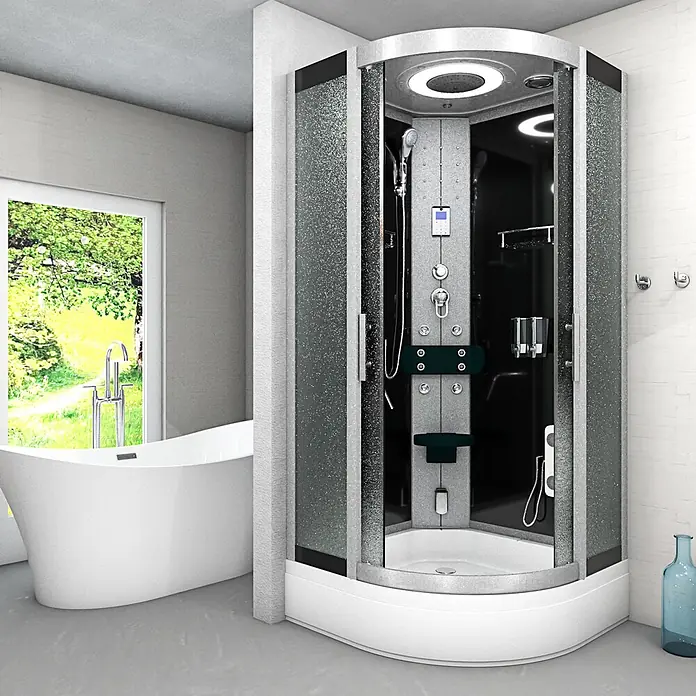 AcquaVapore Komplettdusche Dampfdusche D58-63M2 - Schwarz - Moderne Eck-Duschkabine mit glitzernden Glaspaneelen, dunkler Rückwand und Bedienelementen.