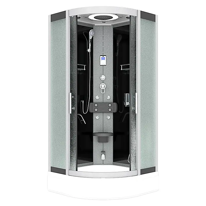AcquaVapore Komplettdusche Dampfdusche D58-63M2 - Schwarz - Moderne Duschkabine mit Milchglaswänden, grauer Rückwand, Kopfbrause, Handbrause, Massagedüsen und Bedienfeld.