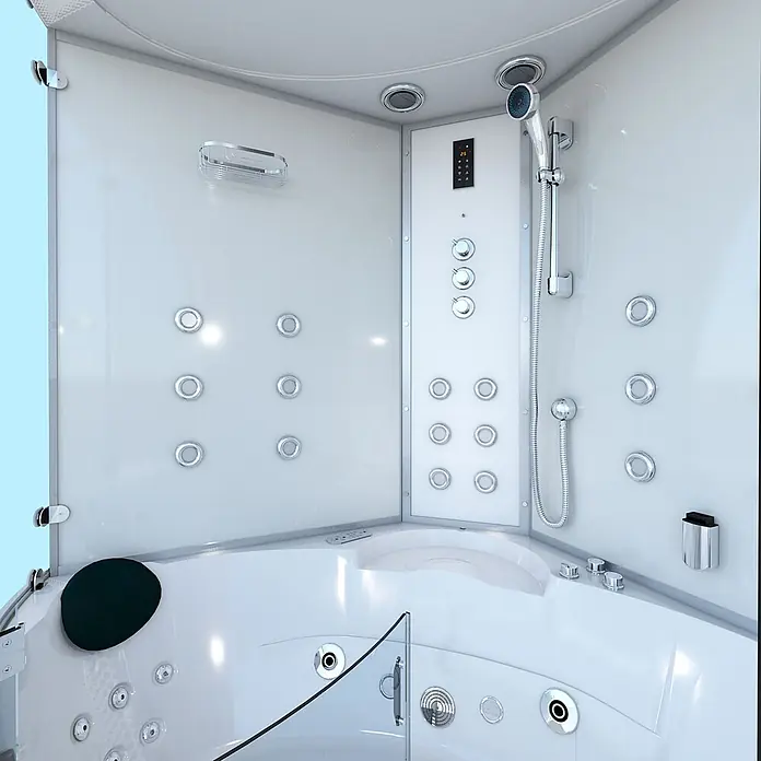 AcquaVapore Komplettdusche Dampfdusche K70-WS-TH-EC-SC - Weiß - Weiße Eck-Hydromassagedusche und Badewanne mit Chromdüsen, Bedienfeld und Handbrause.