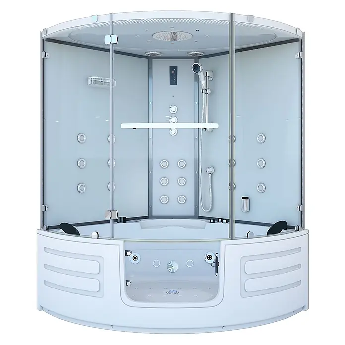 AcquaVapore Komplettdusche Dampfdusche K70-WS-TH-EC-SC - Weiß - Weiße, gebogene Hydromassage-Duschkabine mit Glastüren, integrierter Badewanne und mehreren Massagedüsen.
