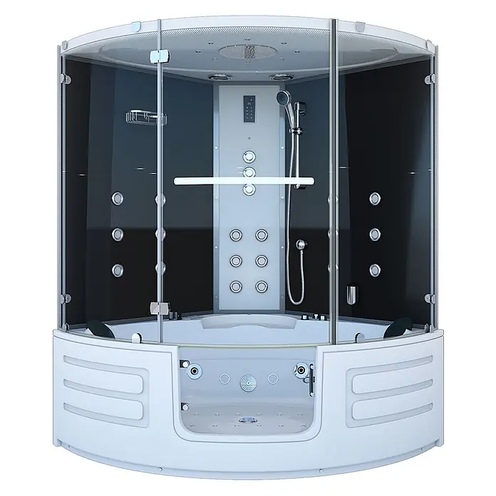 AcquaVapore Komplettdusche Dampfdusche K70-SW-TH - 150 x 150 x 217 cm, Schwarz - Eine weiße Duschkabine aus Klarglas mit integrierter Whirlpoolwanne, mehreren Düsen und Handbrause.