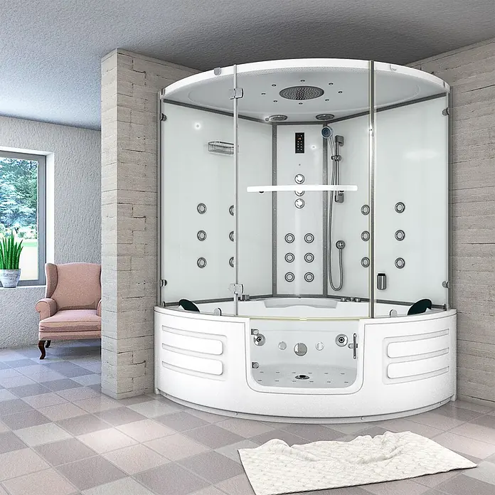 AcquaVapore Komplettdusche Dampfdusche K70-WS-TH-EC-SC - Weiß - Weiße Eck-Dusch- und Badewannenkombination mit Glasabtrennung, Hydromassagedüsen und Duschköpfen im modernen Bad.