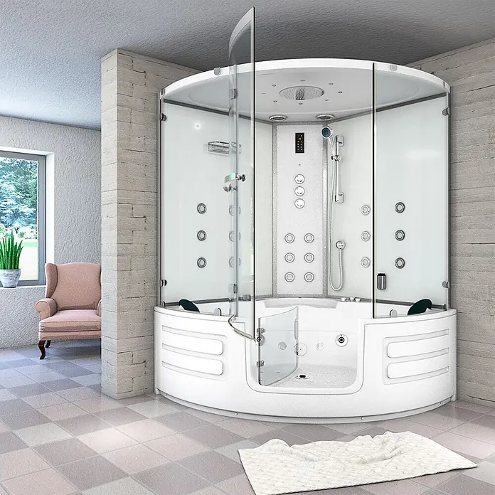 AcquaVapore Komplettdusche Dampfdusche K70-WS-TH-EC-SC - Weiß - Große weiße Eckdampfdusche mit Whirlpool und Klarglastüren in modernem Bad.