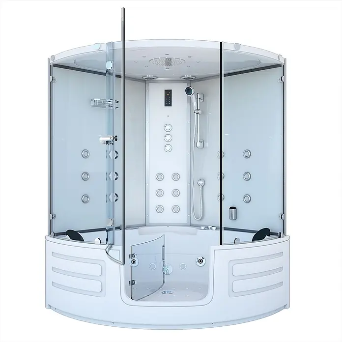 AcquaVapore Komplettdusche Dampfdusche K70-WS-TH-EC-SC - Weiß - Weiße Eck-Duschkabine mit integrierter Wanne, Massagedüsen, Kopfbrause, Digitalsteuerung und Klarglastüren.
