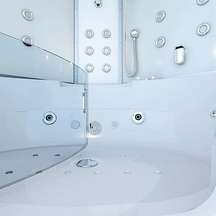AcquaVapore Komplettdusche Dampfdusche K70-WS-TH-EC-SC - Weiß - Moderne weiße Multifunktions-Dusch- und Whirlpoolwanne mit Chromdüsen, Bedienelementen und Glasabtrennung.