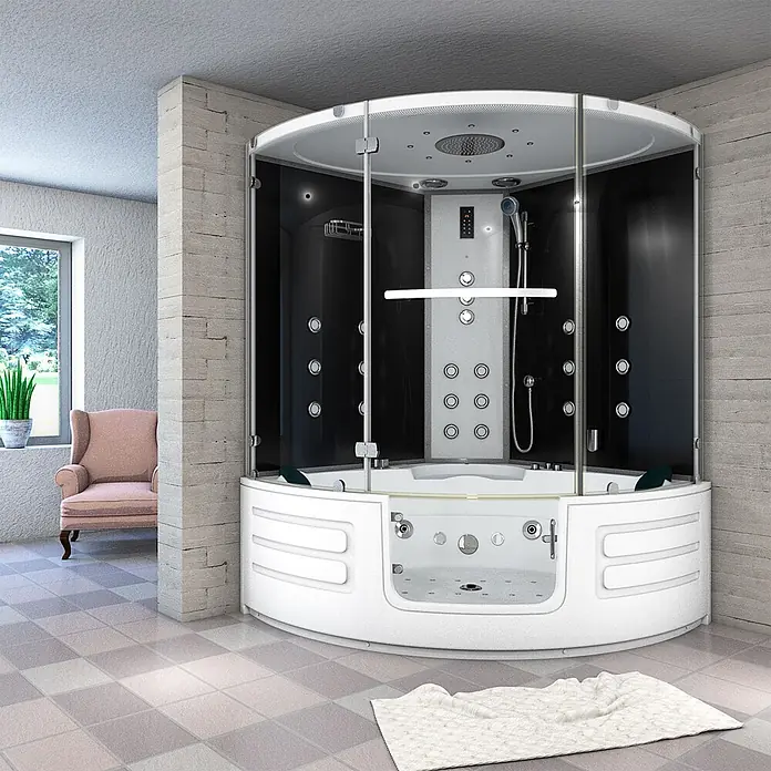 AcquaVapore Komplettdusche Dampfdusche K70-SW-TH - 150 x 150 x 217 cm, Schwarz - Weiße und schwarze Dampfdusche mit Whirlpool-Badewanne.