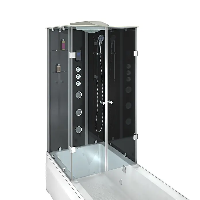 AcquaVapore Komplettdusche Fertigdusche K05-R33-EC - Schwarz - Moderne Duschkabine mit schwarzen Paneelen, Glastüren, Chromarmaturen und weißer Badewanne.