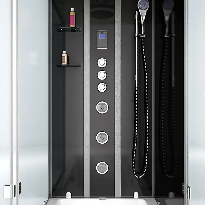 AcquaVapore Komplettdusche Fertigdusche K05-R33-EC - Schwarz - Moderner, dunkelgrauer Duschkabinen-Innenraum mit Bedienfeld, Massagedüsen, Handbrause und Ablagen.