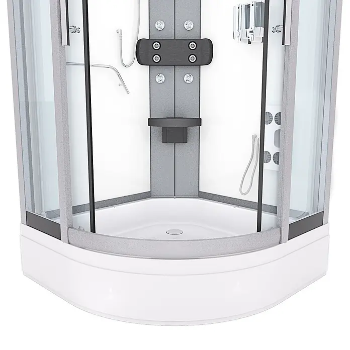 AcquaVapore Komplettdusche Fertigdusche D58-60T1 - Weiß - Weiße und graue Eckduschkabine mit klaren Glastüren, mehreren Hydromassagedüsen und Handbrause.