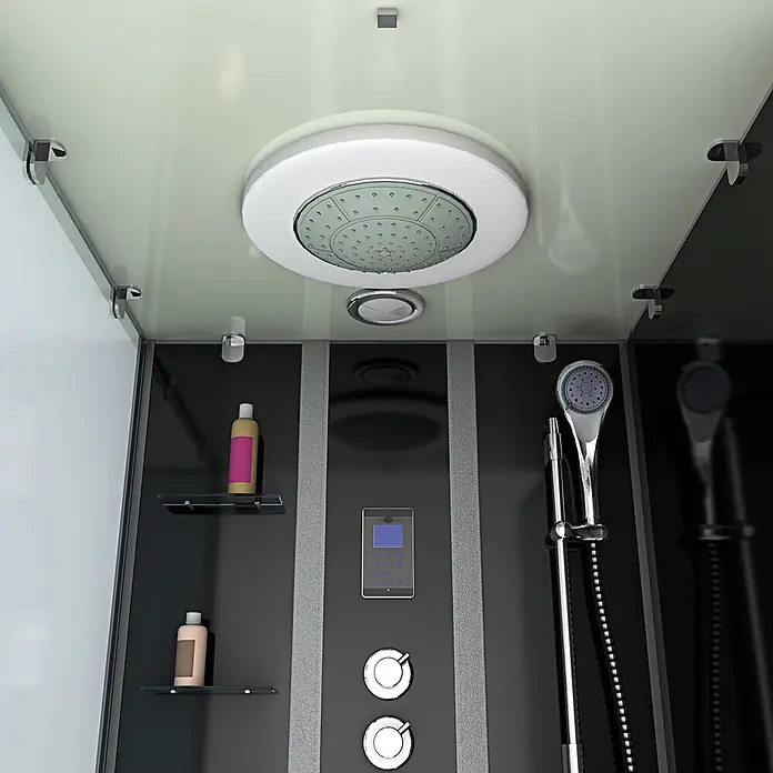 AcquaVapore Komplettdusche Fertigdusche K05-R33-WP-EC - Schwarz - Moderner schwarz-weißer Duschkabinen-Innenraum mit großer Regendusche, Handbrause und digitalem Bedienfeld.