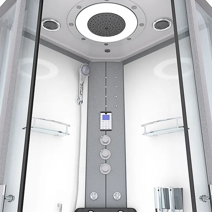 AcquaVapore Komplettdusche Fertigdusche D58-60T1 - Weiß - Moderne Duschkabine mit weißen Wänden, grauer Steuerung, Chromarmaturen, Regen- und Handbrause, Massagedüsen und Digitaldisplay.
