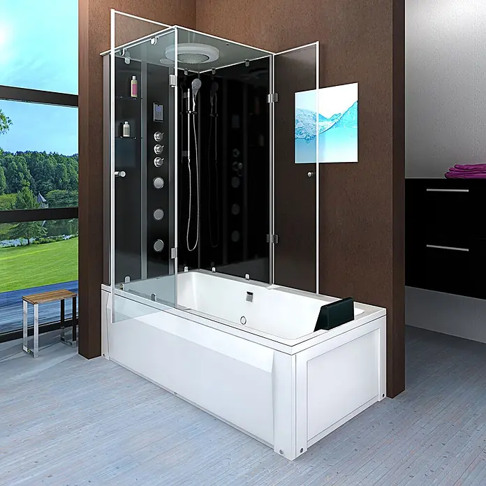 AcquaVapore Komplettdusche Fertigdusche K05-R33-EC - Schwarz - Moderne weiße Dusch-Badewannen-Kombination mit Glasabtrennung, schwarzen Paneelen, in einem geräumigen Bad mit Fensterblick.