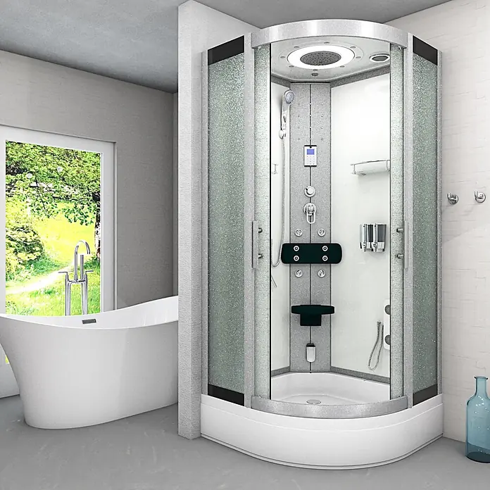 AcquaVapore Komplettdusche Dampfdusche D58-50M2 - Weiß - Moderne silbergerahmte Duschkabine mit strukturiertem Glas, weißem Interieur und Multifunktionssystem.
