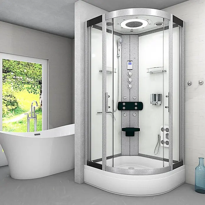 AcquaVapore Komplettdusche Fertigdusche D58-60T1 - Weiß - Moderne Eckduschkabine mit glitzernden grauen Akzenten, Klarglas und weißer Basis, in einem Badezimmer mit freistehender Wanne.