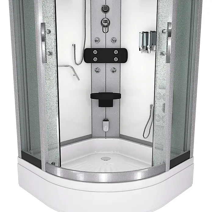 AcquaVapore Komplettdusche Dampfdusche D58-50M2 - Weiß - Moderne Eckduschkabine mit weißer Wanne, strukturierten Glaswänden und grauer Duschsäule mit integriertem Sitz und Bedienelementen.