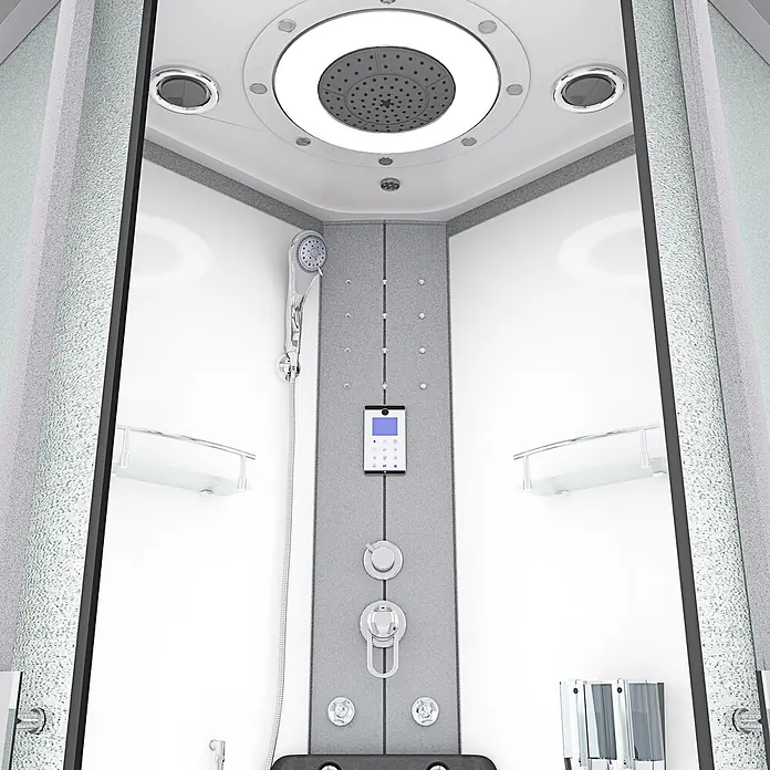AcquaVapore Komplettdusche Dampfdusche D58-50M2 - Weiß - Moderne Duschkabine mit weißen und grauen Paneelen, großem Regenduschkopf, Handbrause, Massagedüsen und digitalem Bedienfeld.