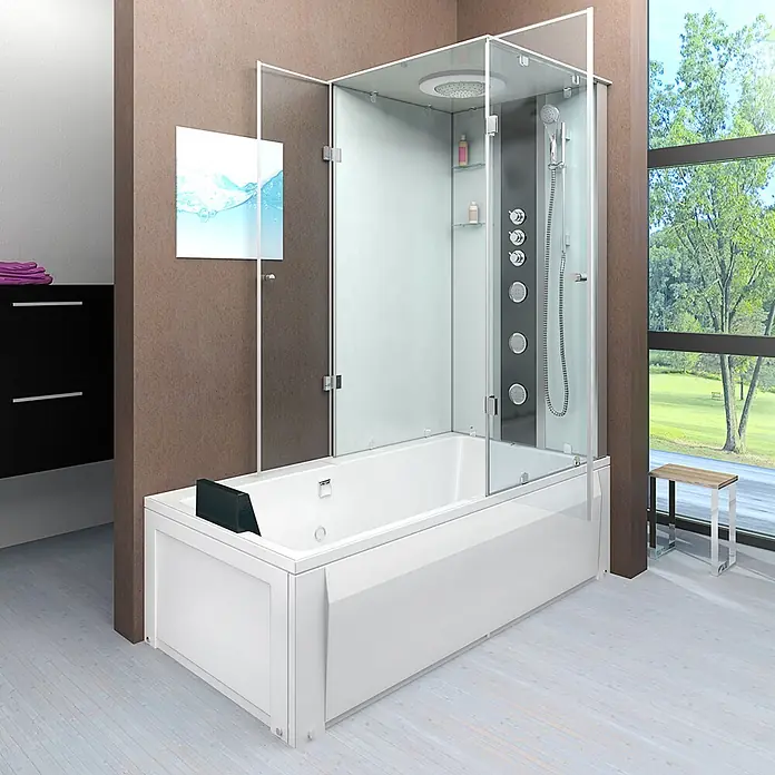 AcquaVapore Komplettdusche Fertigdusche K05-L02-EC - Weiß - Moderne weiße Badewanne mit integrierter Glasduschkabine und verschiedenen Duschfunktionen im Badezimmer.