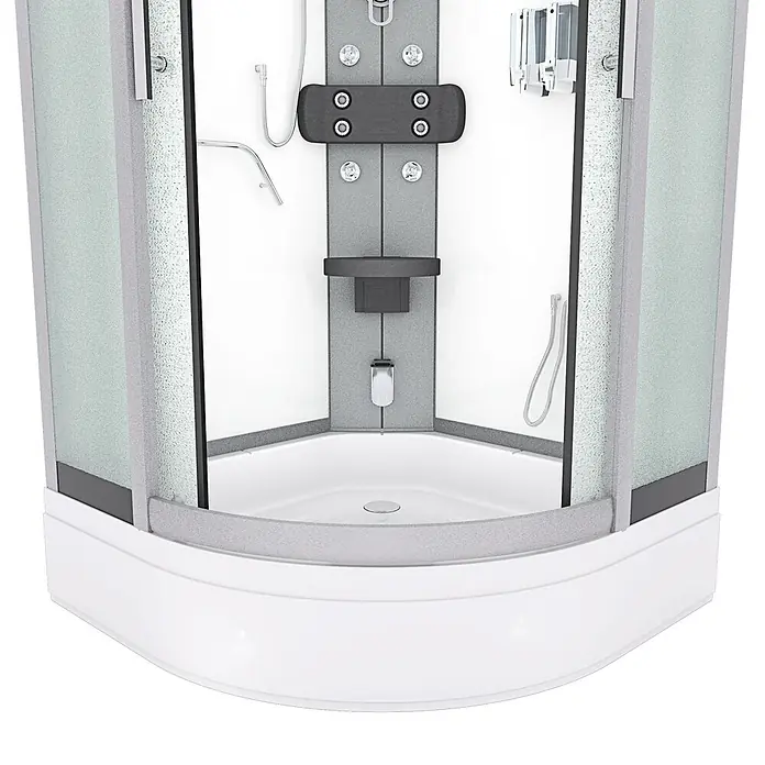 AcquaVapore Komplettdusche Dampfdusche D58-50M2 - Weiß - Eckduschkabine mit Milchglas, weißem Sockel, grauer Innenwand mit Hydromassagedüsen, Steuerung, Handbrause und Seifenspendern.