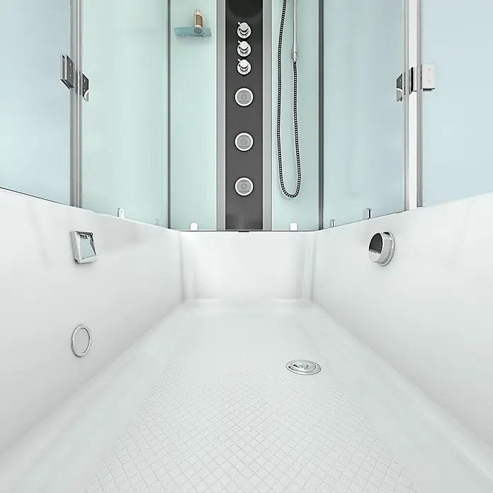 AcquaVapore Komplettdusche Fertigdusche K05-L02-EC - Weiß - Weißer Duschkabinen-Innenraum mit Multi-Jet-Duschpaneel und Bedienelementen.