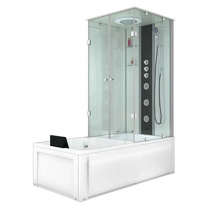 AcquaVapore Komplettdusche Fertigdusche K05-L02-EC - Weiß - Weiße Badewannen-Duschkabinen-Kombination mit klarer Glasabtrennung, schwarzem Duschpaneel, Kopf- und Handbrause sowie Ablagen.
