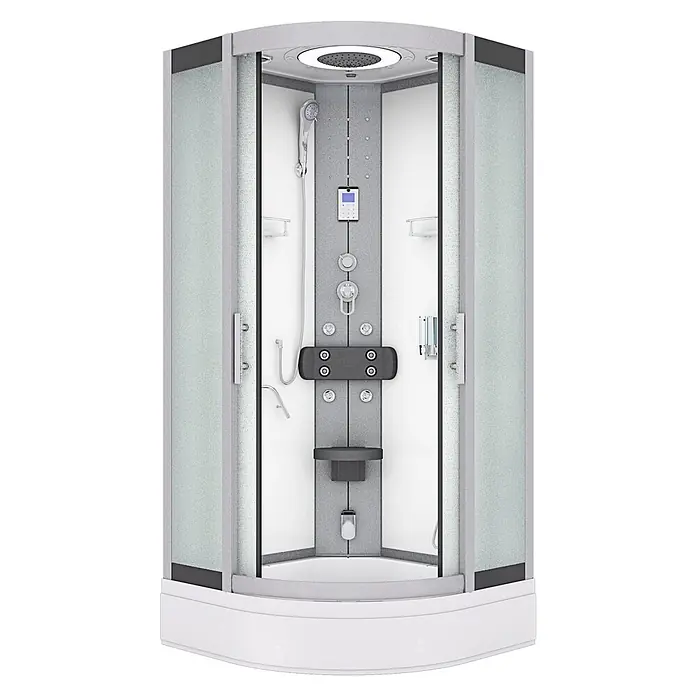 AcquaVapore Komplettdusche Dampfdusche D58-50M2 - Weiß - Moderne Viertelkreis-Duschkabine mit mattierten Glastüren, weißer Wanne, grauem Interieur mit Regen-, Handbrause, Massagedüsen, Bedienfeld und Sitz.